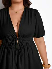 Maija 2025 Autumn Black Plus Size Women Dress, Solid Color Casual Elegant Deep V-Neck Puff Sleeve Cinched Waist A-Line Long Dress, With Bowknot & Ruffle Decor  Plus Size Black Dress Plus Size Vacation Dress Plus Size Casual Dress Plus Size Beach Dress Plus Size Maxi Dress - Black - View 7