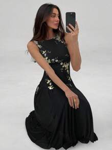 Aloruh Vestido sin mangas con cintura ceñida y bordado floral elegante para mujer