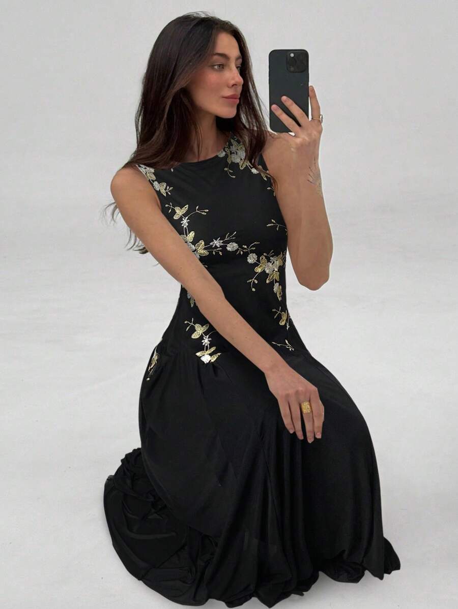 Aloruh Vestido sin mangas con cintura ceñida y bordado floral elegante para mujer