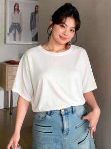 Dazy Plus قميص تي شيرت فضفاض قصير الأكمام برقبة مستديرة بألوان متداخلة ذو خطوط, وردي اللون لفصل الربيع/الصيف - أبيض - مشاهدة 3