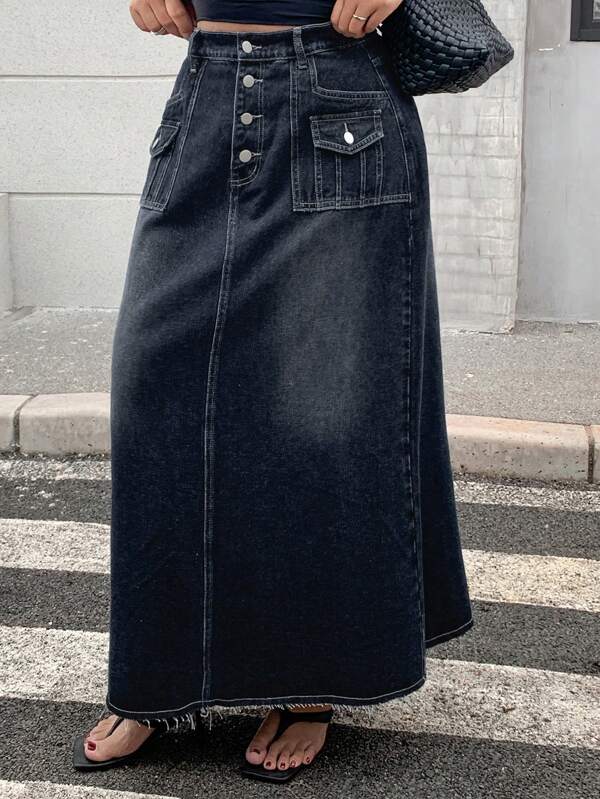 Dazy Plus Dark Wash Denim A-Line Mini Skirt With Pockets, Button Decor On Waistband