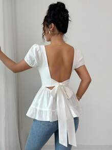 Chiquease Women Square Collar Ruffle Hem Backless Tied Waist Short Sleeve Blouse - White - View 6