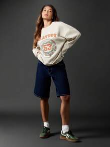 Missguided x Playboy Varsity Style Collegiate Sweatshirt Circle Logo Number Print Casual Retro Fall Winter Pullover Soft Oversized Streetwear - Beige - View 6