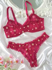 SHEIN Esselle Bộ đồ lót gợi cảm có dây thép thêu lãng mạn cỡ lớn 2 món, nâng ngực - Màu Hồng Tươi - Xem 2