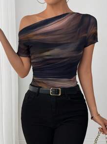Selianne Tie-Dye Print Ruched Asymmetric Shoulder Short Sleeve T-Shirt - Brown - View 4