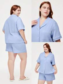 LUVLETTE Women's Plus-Size Breathable 100% Pure Cotton Blue Short-Sleeve Button-Up Top & Shorts Airy Loungewear Pajama Set Pants With Pockets