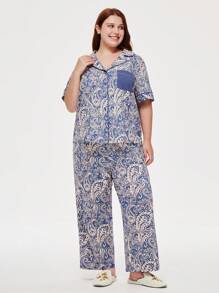 LUVLETTE 女士透气棉质图案短袖纽扣上衣和裤子透气家居睡衣套装裤子带口袋内衣 - 藍色 - 查看 8