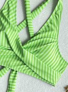 Swim Lushoire 女式夏季海滩条纹交叉后背绿色比基尼上衣 - 綠色 - 查看 4