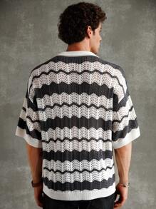 Manfinity Hypemode Herren Kontrast Farbe gestrickt Cut Out Kurzarm lässige schulterfreie single-breasted Top - Schwarz und Weiss - Übersicht 2