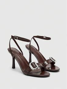 CUCCOO BIZCHIC Brown Oil Leather PU Metal Buckle Strap Punk Round Toe Fashion High Heel Sandals - Brown - View 2