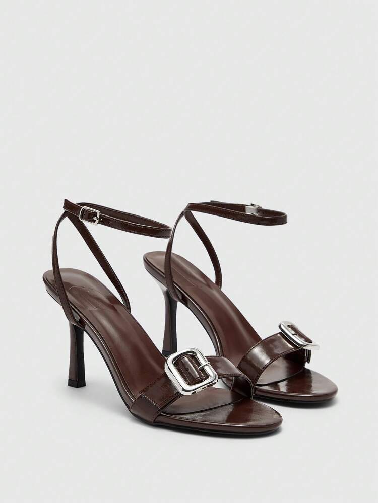 CUCCOO BIZCHIC Brown Oil Leather PU Metal Buckle Strap Punk Round Toe Fashion High Heel Sandals