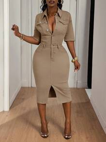 Slaydiva 女式泡泡袖高腰单排扣半开式休闲时尚牛仔开衩中长连衣裙 - 杏色 - 查看 5