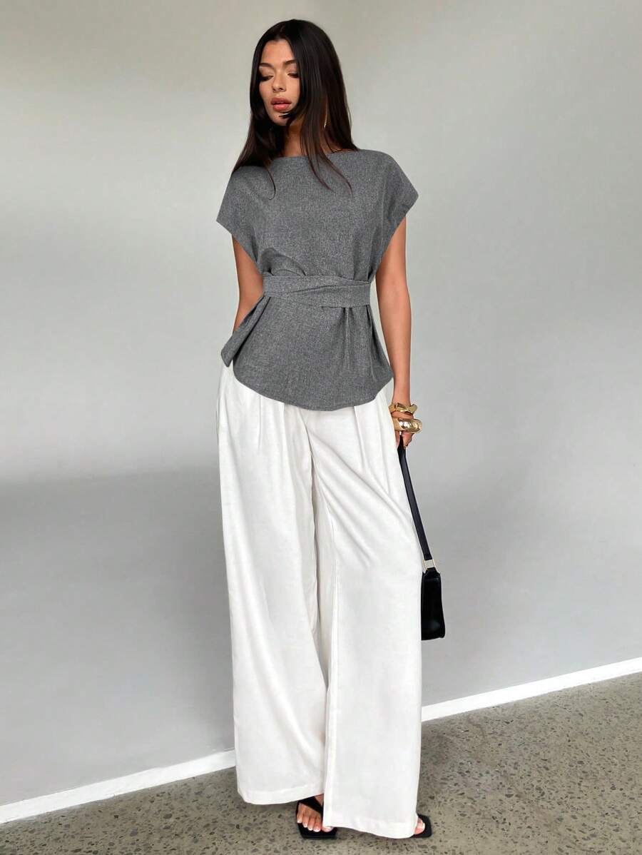 Aloruh Women's Simple Solid Color Linen-Like Blouse - Dark Grey - View 1