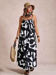 Freevana Đầm suông hở lưng họa tiết cây cỡ lớn, phong cách nghỉ dưỡng rộng rãi và thoải mái, Đầm đi biển, Trang phục nghỉ lễ Boho - màu đen - Xem 3