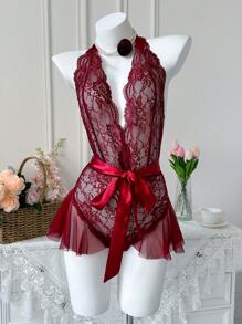 SHEIN 女士蕾丝边网眼透视性感内衣连体裤 - 酒紅色 - 查看 5