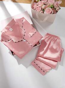 New Style Simple Solid Color Turndown Collar Short Sleeve Cardigan And Pants 2pcs Home Outfit For Tween Girl - Watermelon Pink - View 4