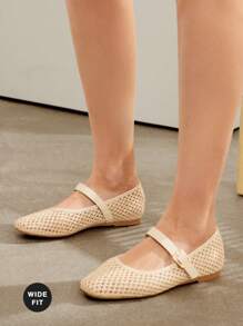 SHUZIA 女式宽版方头编织玛丽珍扣带芭蕾平底鞋 - 米色 - 查看 5