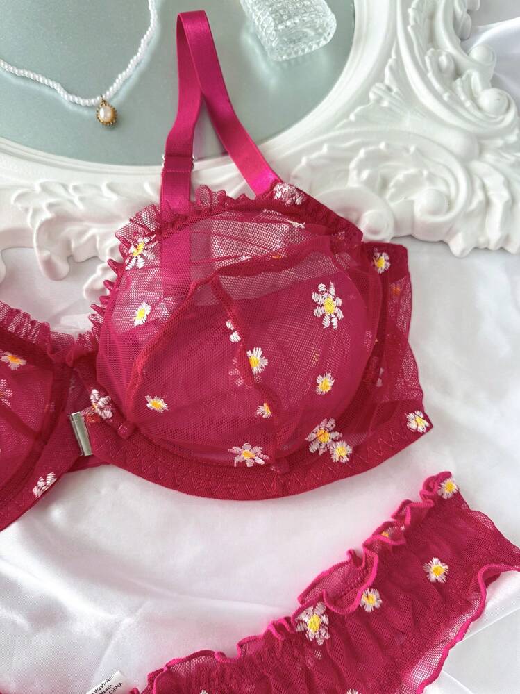 SHEIN Esselle 2 件大码浪漫刺绣钢丝性感内衣套装，提拉 - 玫紅色 - 查看 3