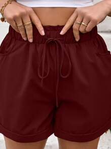 Calvaya Short slim élastique à taille haute de couleur unie, style casual grande taille