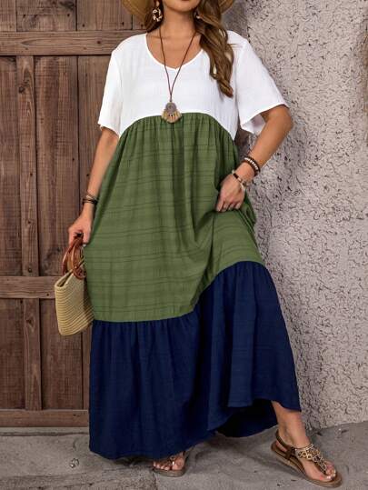 EMERY ROSE Plus Size Women V-Neck Short Sleeve Loose Fit  Contrast  Long Dress ,Summer Holiday,Vacation Outfits Women,Simple And Fashionable For Everyday Wear,Vacay Vibes,Springbreak,Casual Wear SS,Bohemia,Sun Dresses For Women,Summer Dresses For Women, Color Block Maxi Dress,Summer Dresses For Women,Flowy Dress
