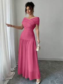 Modelyn Robe femme épaules dénudées en maille texturée avec empiècement de couleur unie extensible - Rose vif - Voir 6