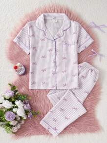 2pcs/Set Tween Girl Cute Bow & Striped Print Short Sleeve Shirt & Long Pants Casual Homewear Pajamas Set - Purple - View 3