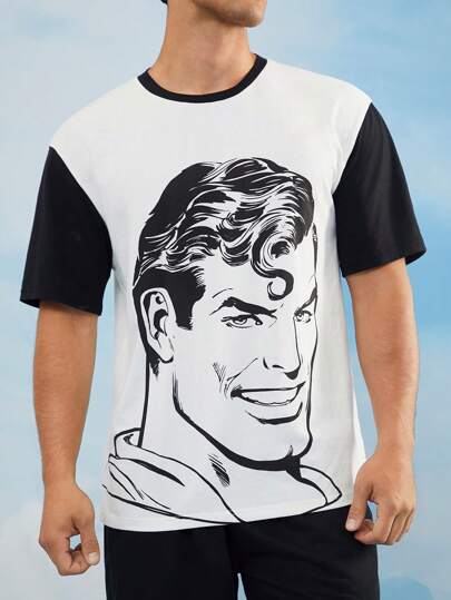 SUPERMAN X SHEIN Camiseta de manga corta casual de hombre con estampado de superhéroe de anime y bloques de color, para verano