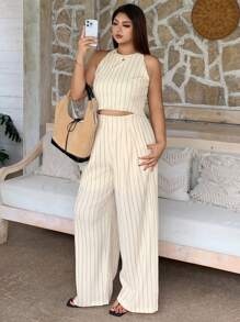 Dazy Plus 2 Pieces Set Crew Neck Cropped Tank Top & Loose Striped Pants