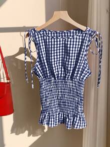 Comfortcana 大码女式蓝白格子休闲抽绳腰吊带背心 - 藍色 - 查看 6