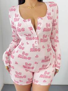 POPSWAY Cute Print Ruched Waist Tight Fit Comfortable Long Sleeve Plus Size Jumpsuits - Pink - View 6
