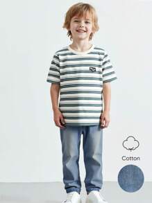 Playful Pals 2 件套幼儿男童休闲条纹 T 恤和牛仔裤套装，适合春夏季外出和日常穿着 - 綠色 - 查看 8