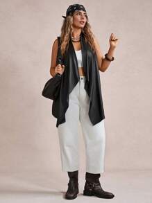 Freevana 大碼大翻領PU皮革外套馬甲 - 黑色 - 查看 5