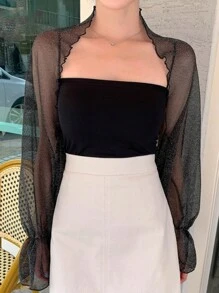 DAZY Solid Flounce Sleeve Top,Ruffle Sheer,Back To School Clothes - Black - View 1