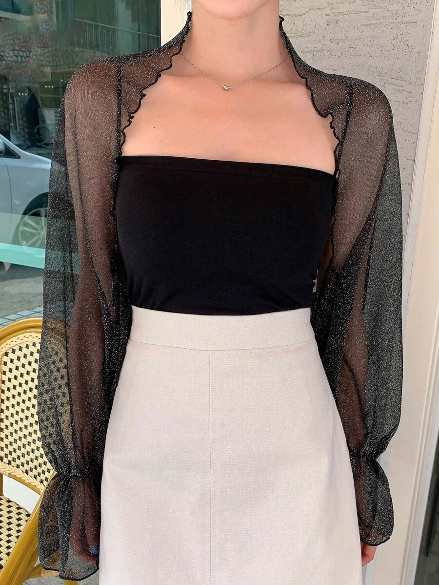 DAZY Solid Flounce Sleeve Top,Ruffle Sheer,Back To School Clothes - Black - View 1