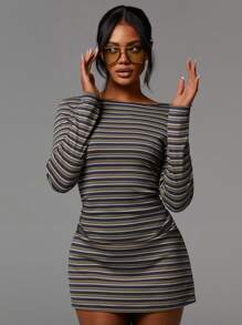 Athîral 女式休闲条纹印花船领长袖迷你连衣裙 - 彩色 - 查看 3