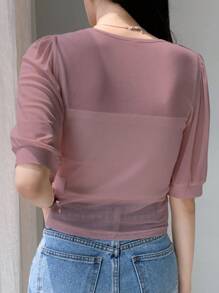 DAZY 纯色泡泡袖网眼上衣 外出上衣 - 粉色 - 查看 2