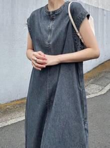 FRIFUL 女士休闲水洗无袖长款牛仔连衣裙 女装 女士夏季服装 工作夏季连衣裙 夏季服装 女士短款连衣裙 夏季返校服装 - 藍色 - 查看 5