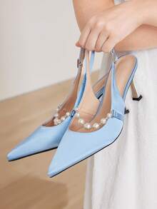 MOTF 女士人造珍珠装饰高跟鞋，优雅尖头细高跟鞋 - 淺藍色 - 查看 5