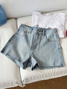 DAZY Shorts vaqueros casuales de verano para mujer con dobladillo crudo, decorados con strass y lentejuelas - Lavado ligero - Ver 3