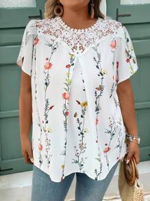 SHEIN CURVE+ Plus Size Women Holiday Lace Floral Print Petal Short Sleeve Shirt Summer/Country/Beach Vacation/Beach Wear Tops Summer White Blouses Boho For - Multicolor - View 6