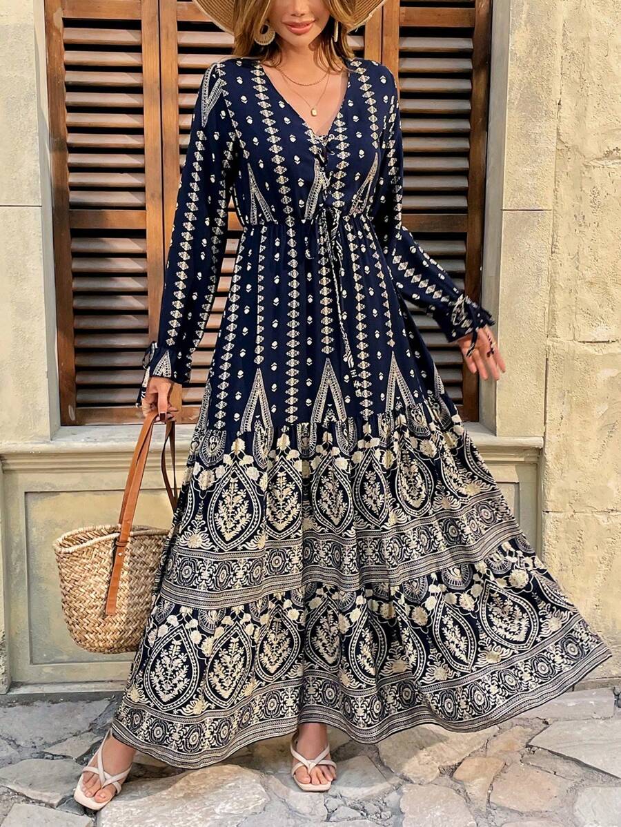 Breezaya Front Lace Up Long Sleeve Pleated All-Over Print Maxi Casual Dress For New Year Clothes Fall Cloth For Women - Navy Blue - View 1