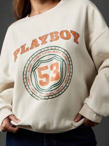 Missguided x Playboy Varsity Style Collegiate Sweatshirt Circle Logo Number Print Casual Retro Fall Winter Pullover Soft Oversized Streetwear - Beige - View 3
