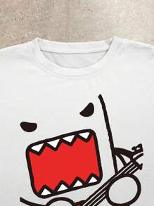 Women's Loose White Round Neck T-Shirt With Rock Guitar & Cartoon Graphic Print, Fashion Pullover Tee For Spring, Summer & Autumn - White - View 3