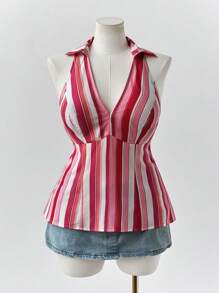 Flirla Damen Große Größen figurbetontes gestreiftes V-Ausschnitt Ärmellos Lässig Hemd