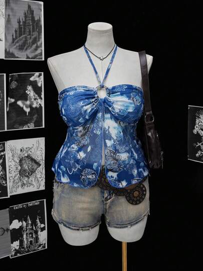 Sunspun 大码女士复古图腾印花抹胸上衣，镂空露背短款吊带背心，适合外出、度假、海滩等场合，波西米亚风