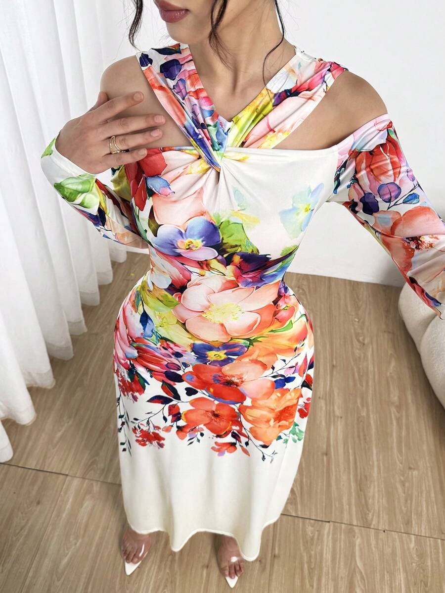 Modelyn Digital Print Off Shoulder Bodycon Twist Front Long Sleeve Dress For Women Fall Cloth For Women