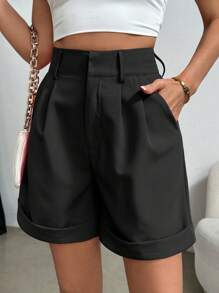 SHEIN PETITE Quần short cạp cao xếp ly màu trơn có túi dành cho nữ, mùa hè - màu đen - Xem 5