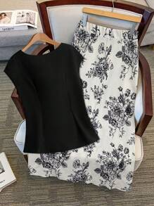 SHEIN Clasi 2件套女士加大码休闲无袖上衣和印花A字裙 - 黑色 - 查看 2