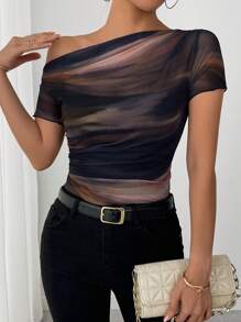 Selianne Tie-Dye Print Ruched Asymmetric Shoulder Short Sleeve T-Shirt - Brown - View 5