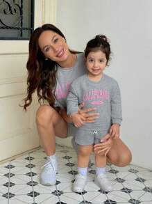 SHEIN Babygirl Cute & Casual Sporty Letter Pattern Grey Sweatshirt With Elastic Waist Shorts Set - Grey - View 3
